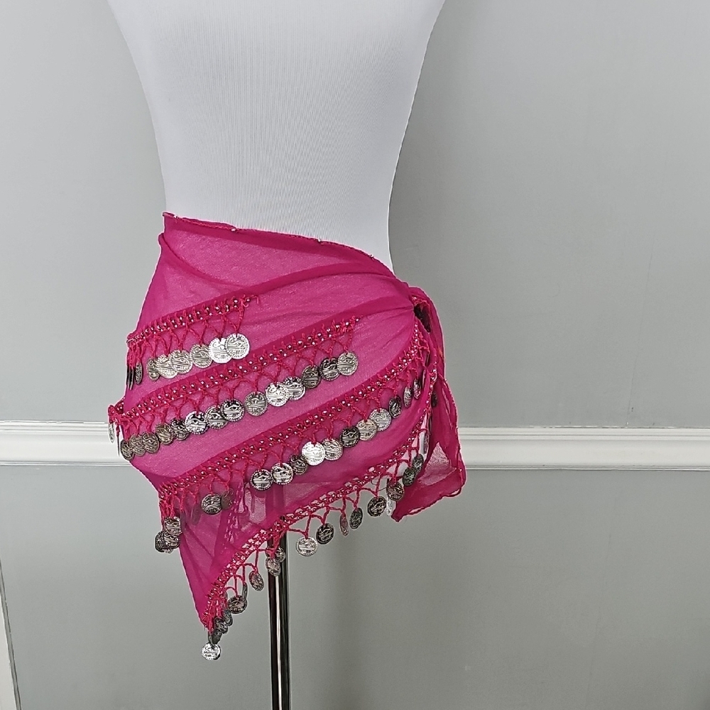 Pink Belly Dance Hip Scarf with Silver Coins
